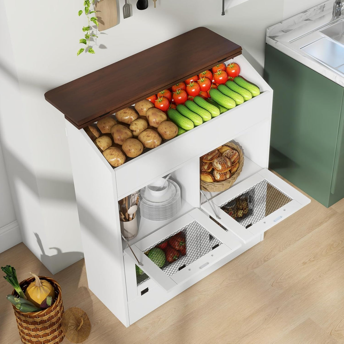 Patiorama Wood Potato and Onion Storage Bin Box with Lid, 4-Tier Farmhouse Wooden Bread Box Cabinet with 2 Mesh Doors & Rolling Drawer, Large Vegetable Storage Bin Organizer for Kitchen Pantry White