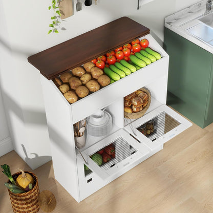 Patiorama Wood Potato and Onion Storage Bin Box with Lid, 4-Tier Farmhouse Wooden Bread Box Cabinet with 2 Mesh Doors & Rolling Drawer, Large Vegetable Storage Bin Organizer for Kitchen Pantry White