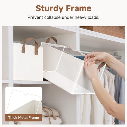 StorageWorks Storage Bins, Shelves Baskets for Organizing, Fabric Closet Organizers with Handles, Metal Frame, Beige-Cotton-linen, 2-Pack