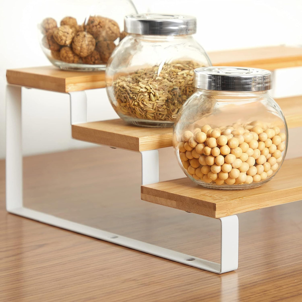 SONGMICS Display Risers, Set of 2 Engineered Wood Perfume Organizer Stand, 4-Tier Cupcake Stand Holder, Spice Rack, Shelf Risers for Figures, Dessert Shelves, Natural Beige and Cloud White UKCS216N02