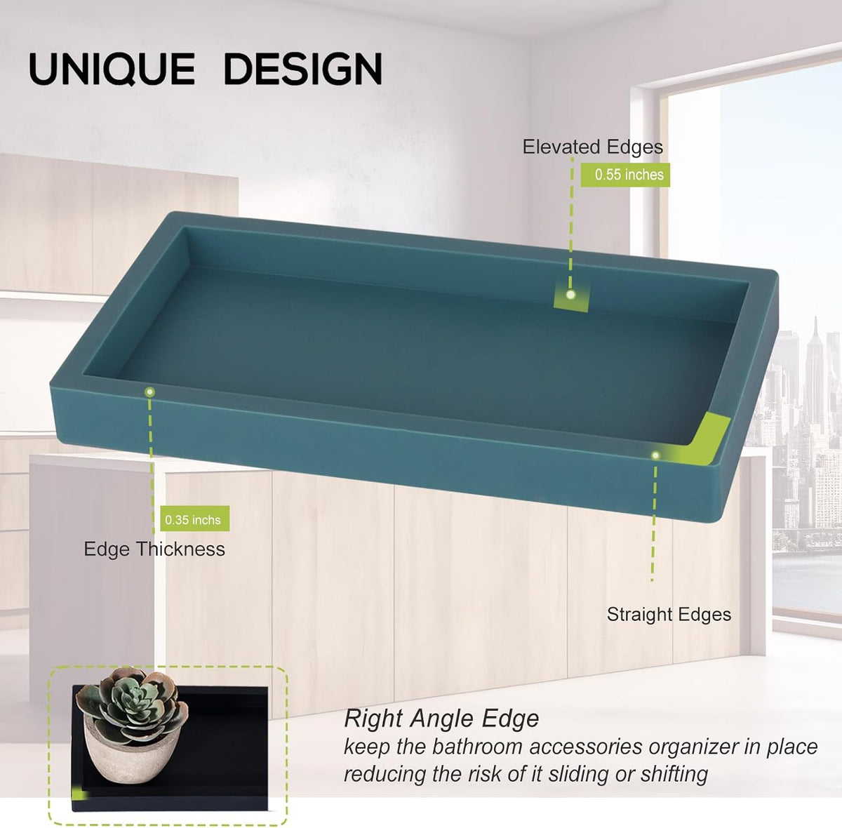 Small Silicone Bathroom Vanity Tray Rectangle Soap and Sponge Holder Kitchen Sink Organizer for Scrubber, Lotion Bottles, Perfume, Jewelry, Candle, Key Trinket Ring, Black