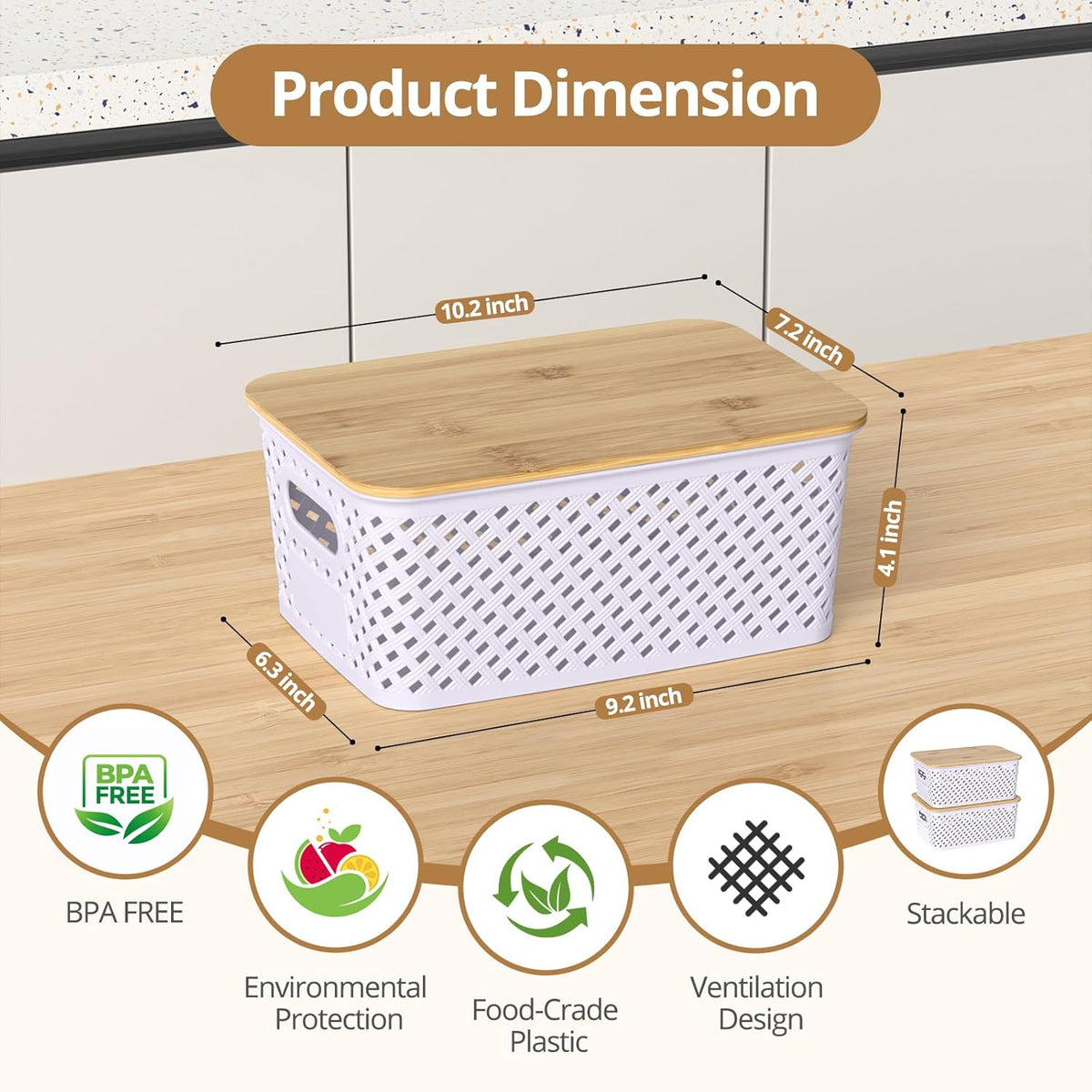 Plastic Storage Bins with Bamboo Lids, Stackable Small Box Baskets for Organizing and Containers for Shelves Drawers Desktop Closet Pantry Classroom Office Home, 6 Pack 10.2x7.2x4.1 Inch, Black