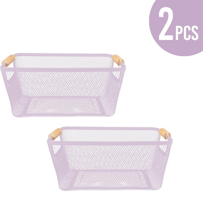 2 Pack 12" Wide Metal Mesh Baskets with Bamboo Handles for Pantry Organization | Wire Storage Bins for Kitchen, Cabinet, Fruit & Snacks | Decorative Farmhouse Style Organizer