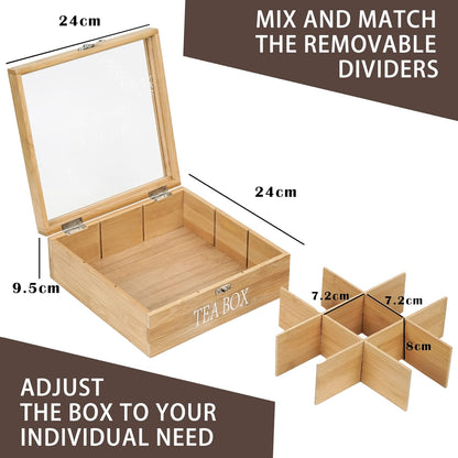 Tea Box Organizer,Wood Tea Bag Holder Organizer,Modern Teas Bag Storage with 9 Compartments and Glass Cover for Home Office Gift