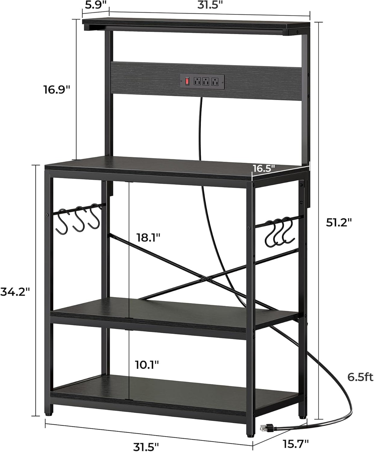 SUPERJARE Kitchen Bakers Rack with Power Outlet, Coffee Bar Table 4 Tiers, Kitchen Microwave Stand with 6 S-shaped Hooks, Storage Shelf Rack for Spices, Pots and Pans - Rustic Brown