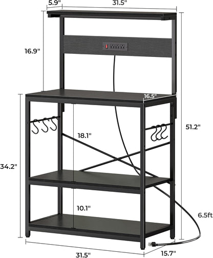 SUPERJARE Kitchen Bakers Rack with Power Outlet, Coffee Bar Table 4 Tiers, Kitchen Microwave Stand with 6 S-shaped Hooks, Storage Shelf Rack for Spices, Pots and Pans - Rustic Brown