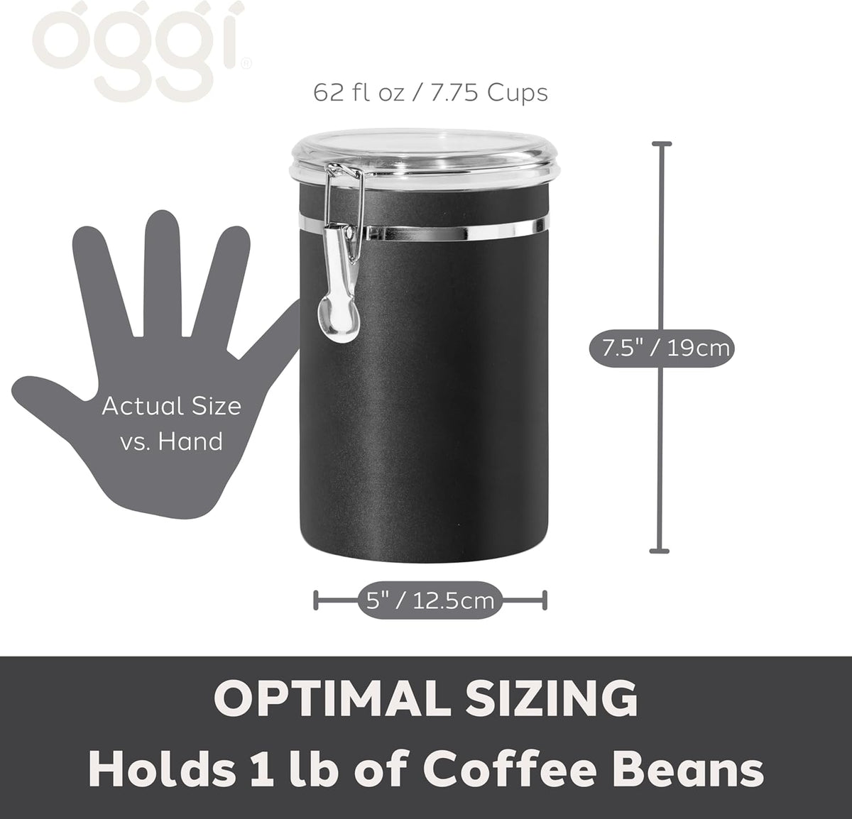 Oggi Stainless Steel Kitchen Canister 152 fl oz - Airtight Clamp Lid, Clear See-Thru Top - Ideal for Kitchen Storage, Food Storage, Pantry Storage. Jumbo Size 8" x 8".