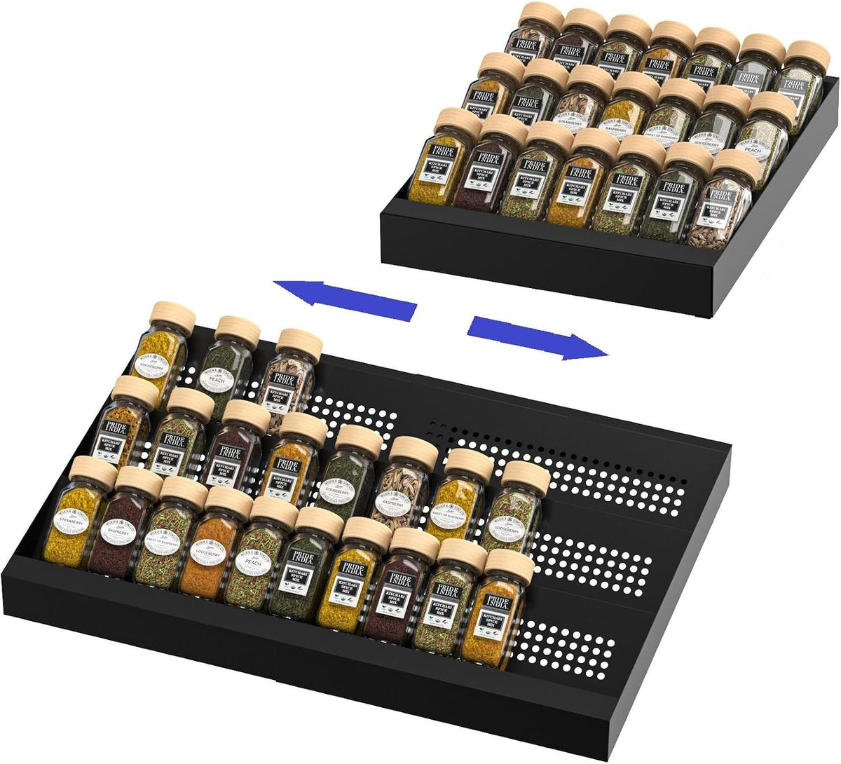Expandable Metal Spice Drawer Organizer,3-Tier,Slanted Seasoning Jars Tray for Kitchen Cabinet Drawers Insert/Countertop (Jars not included)-3Tier /White
