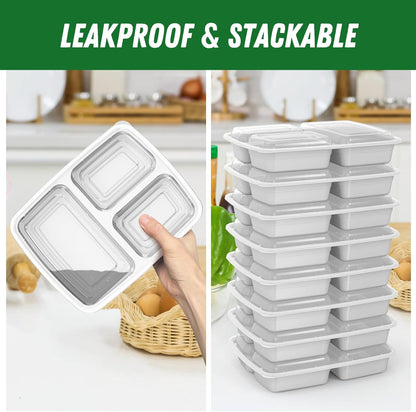 50 Pack (100-Piece) 32 oz Meal Prep Containers Reusable with Lids 3-Compartment, To Go Take Out Plastic Food Storage Containers, Sturdy Leakproof Food Safe, Microwave Freezer Dishwasher Safe, Black