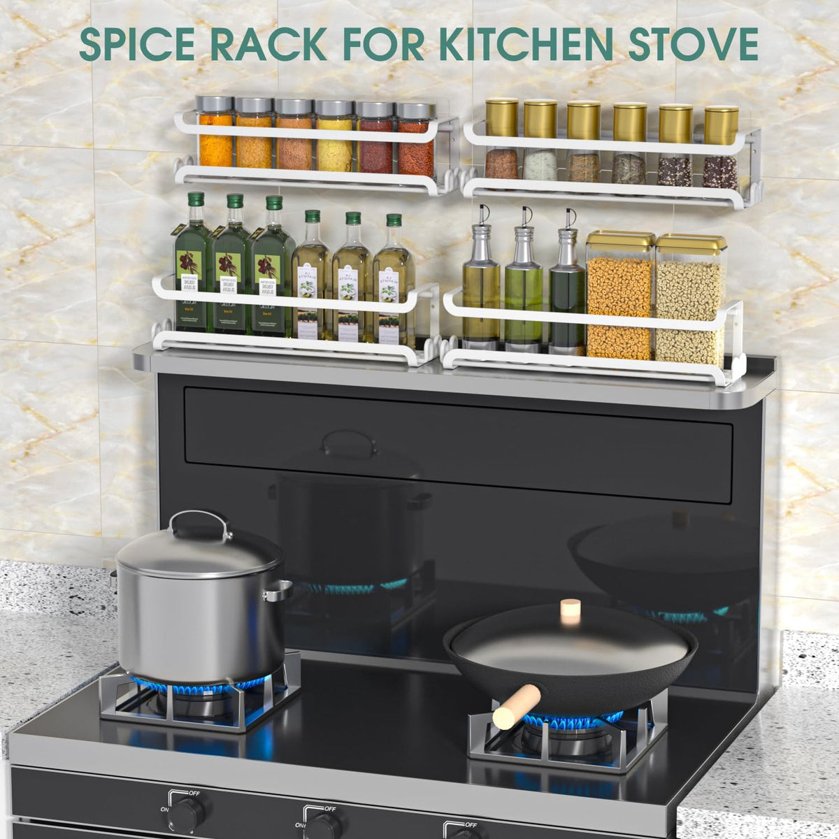 LUCYCAZ Wall Mounted Spice Rack with 8 Hooks, Spice Organizer Shelf for Stove Cabinet Pantry Door,Screw or Adhesive Spice Shelf Hanging Wall Spice Rack in Kitchen and RV (Black)