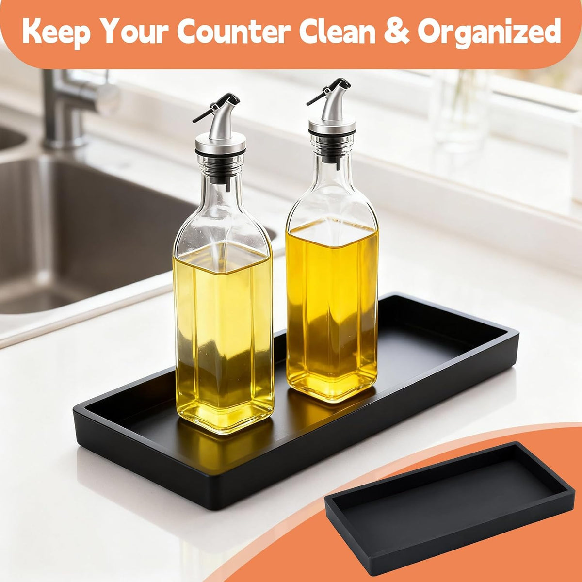 Oil Tray Kitchen Counter, Kitchen Tray for Oil Bottle, Made of Soft Silicone, Protect Bottles from Cracks and Scratches, Smooth, Easy to Clean, Keeps Countertop Tidy, for Glass Oils Sprayer and Bottle