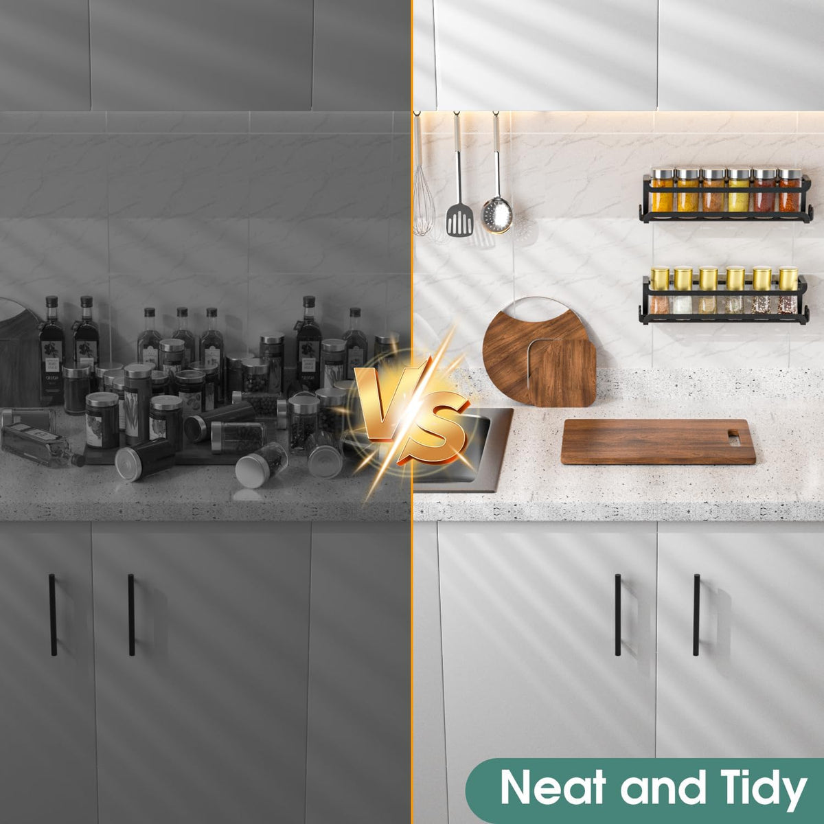 LUCYCAZ Wall Mounted Spice Rack with 8 Hooks, Spice Organizer Shelf for Stove Cabinet Pantry Door,Screw or Adhesive Spice Shelf Hanging Wall Spice Rack in Kitchen and RV (Black)