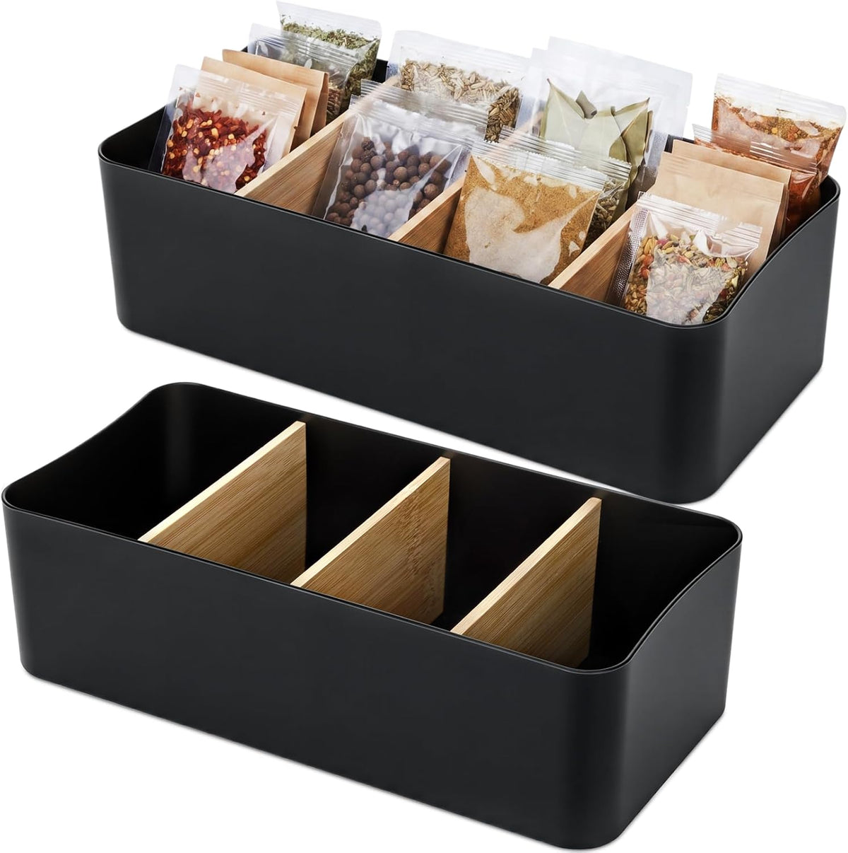 2 Pack Seasoning Packet Organizer Food Storage Organizer & 3 Bamboo Wood Removable Dividers Plastic Bins Caddy for Spice Snacks Pouches Spice Organization for Cabinet Kitchen(White)