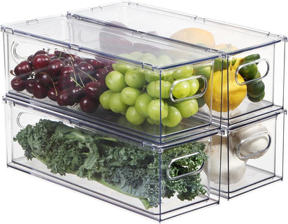 Fridge Drawer Pull Out Stackable Bins, Clear Refrigerator Stackable Organizers, Fridge Organizer Storage for Kitchen, Pantry, Vegetables, Fruits (2 Small + 1 Large)