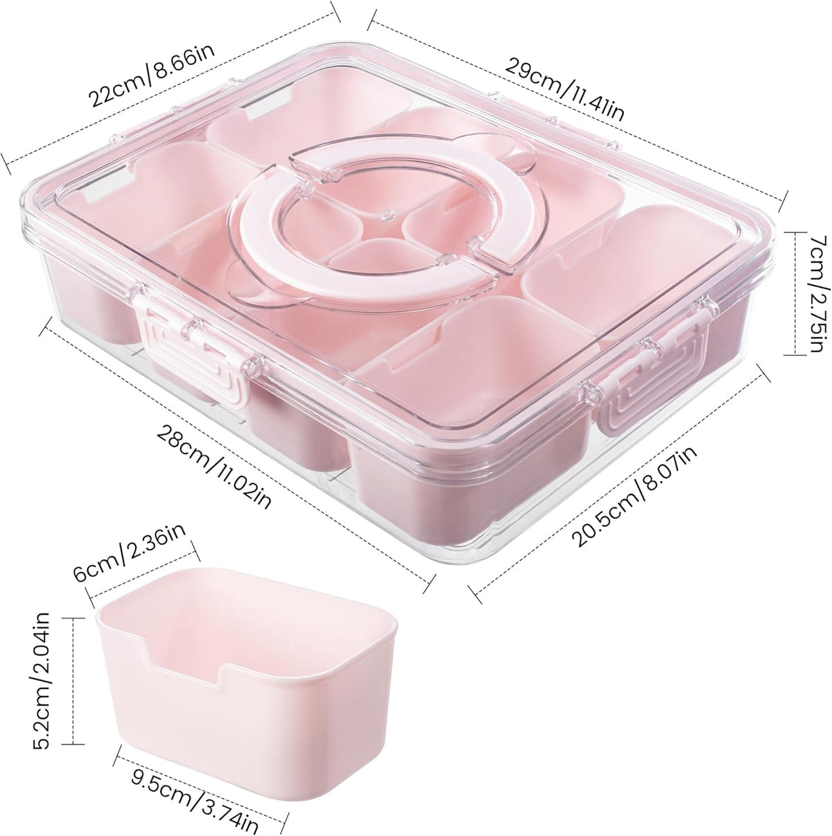 Dingerjar Divided Serving Tray with Lid and Handle - Snackle Box Charcuterie Container for Portable Snack Platters - Clear Organizer for Candy, Fruits, Nuts, Snacks - Perfect for Party, Entertaining