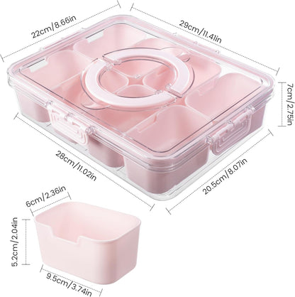 Dingerjar Divided Serving Tray with Lid and Handle - Snackle Box Charcuterie Container for Portable Snack Platters - Clear Organizer for Candy, Fruits, Nuts, Snacks - Perfect for Party, Entertaining