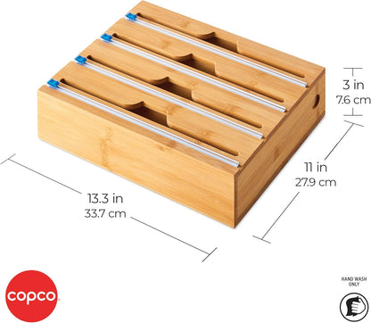 Copco In Drawer or Mounted 4 Compartment Organizer for Plastic, Foil, Wax and Parchment Paper featuring Easy Slide Tabs for Perfect Cut, With 21 Customizable Labels, Bamboo, 13.3 x 11 x 3 Inch