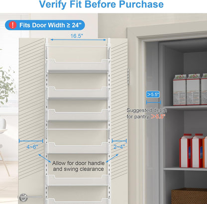 VyGrow 12.3" W Narrow Over the Door Pantry Organizer, 6-Tier Over the Door Organizer with Adjustable Basket, Pantry Door Organization for Pantry Kitchen Storage Room Spice Rack, White