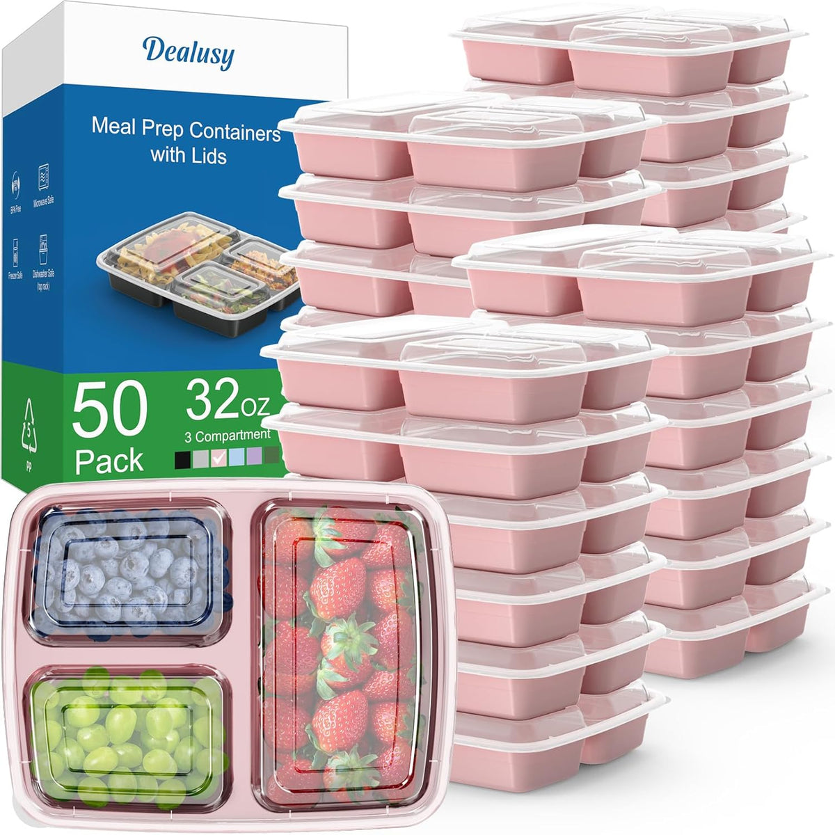 50 Pack (100-Piece) 32 oz Meal Prep Containers Reusable with Lids 3-Compartment, To Go Take Out Plastic Food Storage Containers, Sturdy Leakproof Food Safe, Microwave Freezer Dishwasher Safe, Black
