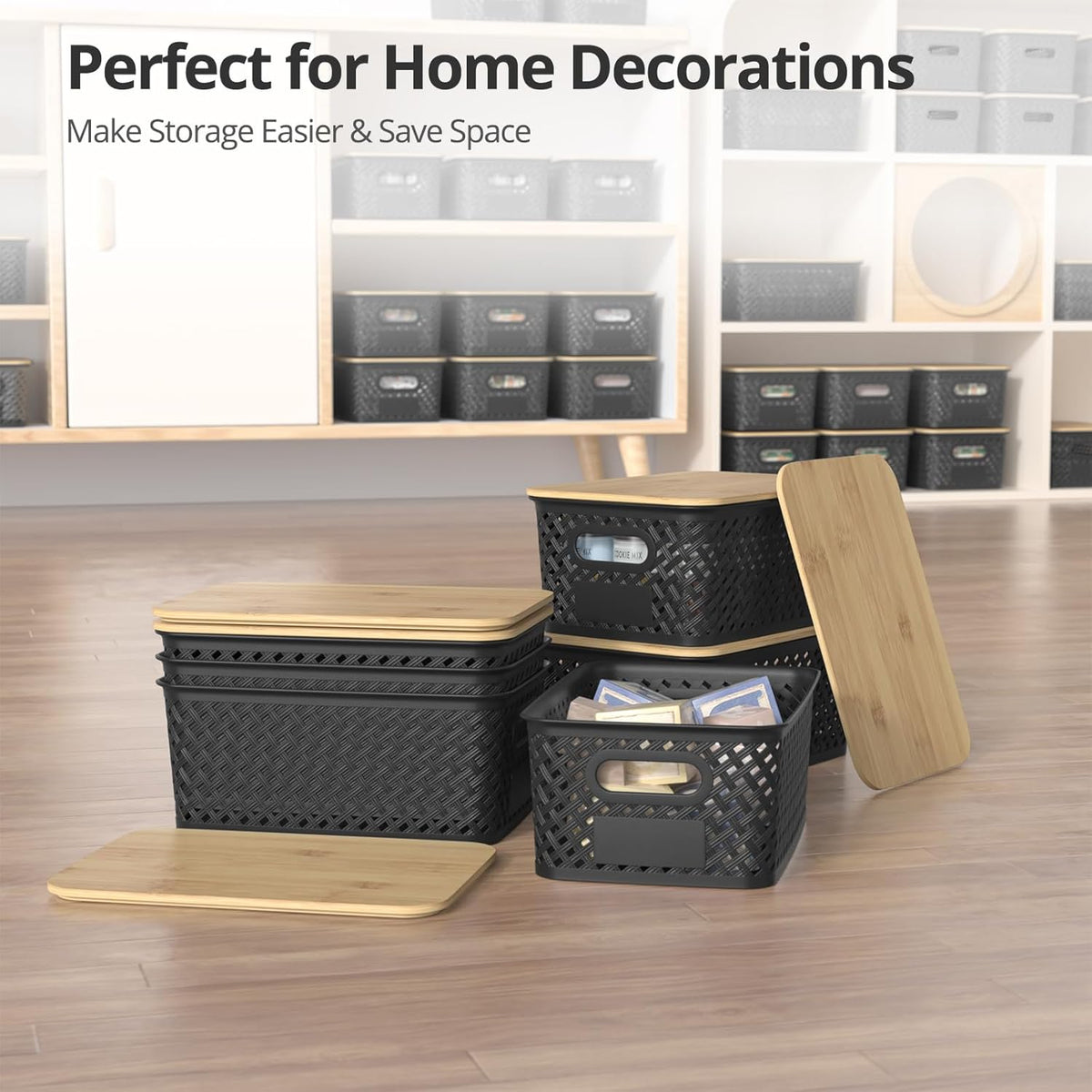 Plastic Storage Bins with Bamboo Lids, Stackable Small Box Baskets for Organizing and Containers for Shelves Drawers Desktop Closet Pantry Classroom Office Home, 6 Pack 10.2x7.2x4.1 Inch, Black