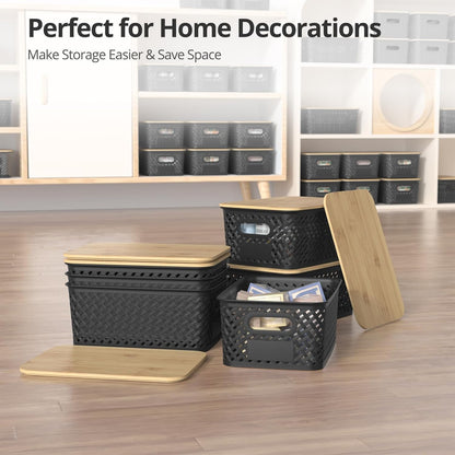 Plastic Storage Bins with Bamboo Lids, Stackable Small Box Baskets for Organizing and Containers for Shelves Drawers Desktop Closet Pantry Classroom Office Home, 6 Pack 10.2x7.2x4.1 Inch, Black