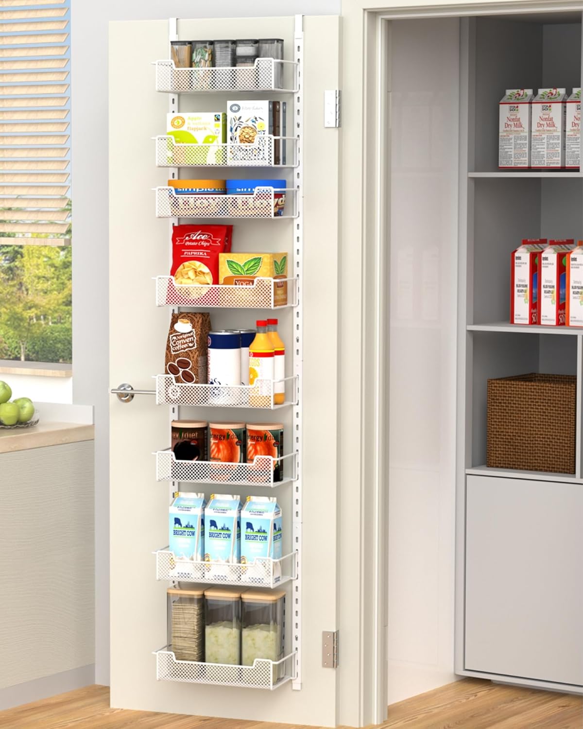 VyGrow 12.3" W Narrow Over the Door Pantry Organizer, 6-Tier Over the Door Organizer with Adjustable Basket, Pantry Door Organization for Pantry Kitchen Storage Room Spice Rack, White