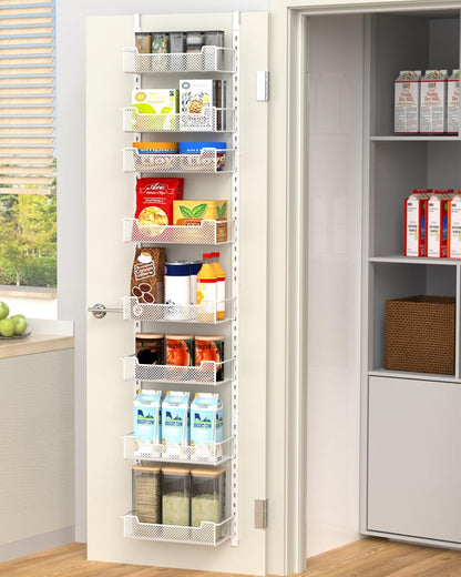 VyGrow 12.3" W Narrow Over the Door Pantry Organizer, 6-Tier Over the Door Organizer with Adjustable Basket, Pantry Door Organization for Pantry Kitchen Storage Room Spice Rack, White