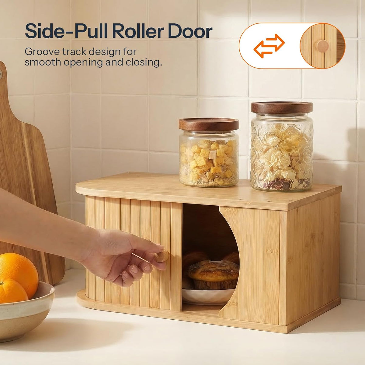 HOOBRO Bread Box, Bamboo Bread Box for Kitchen Countertop, Corner Bread Box with Roller Door, Bread Storage Container, Bamboo Food Storage Cabinet, for Kitchen, Dining Room, Natural YL20MB01