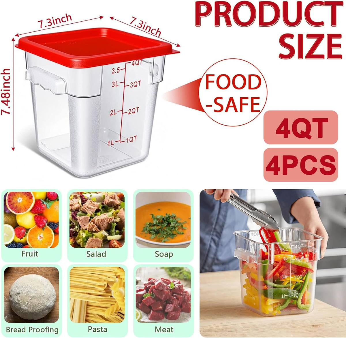 4 Pack 4QT Food Storage Containers with Green Lids, Clear Square Restaurant Commercial Food Storage Containers with Handle and Scale, Marinating Container Dough Rising Bucket for Home & Dining