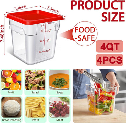 4 Pack 4QT Food Storage Containers with Green Lids, Clear Square Restaurant Commercial Food Storage Containers with Handle and Scale, Marinating Container Dough Rising Bucket for Home & Dining
