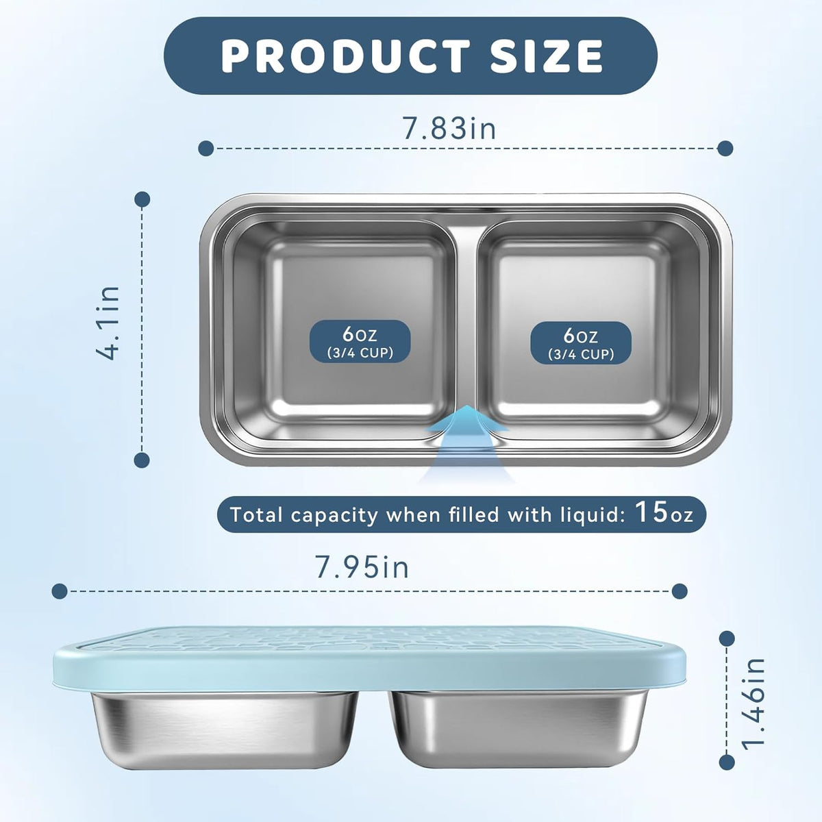 3 Pack 15 oz Stainless Steel Snack Containers for Kids, Reusable Metal Snack Containers with Silicone Lids, 2 Compartment Stackable Metal Toddler Lunch Box for Daycare, School and Outdoor