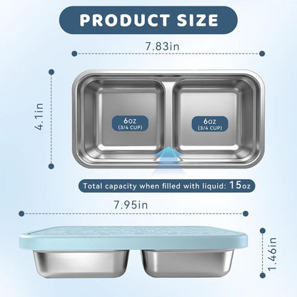 3 Pack 15 oz Stainless Steel Snack Containers for Kids, Reusable Metal Snack Containers with Silicone Lids, 2 Compartment Stackable Metal Toddler Lunch Box for Daycare, School and Outdoor