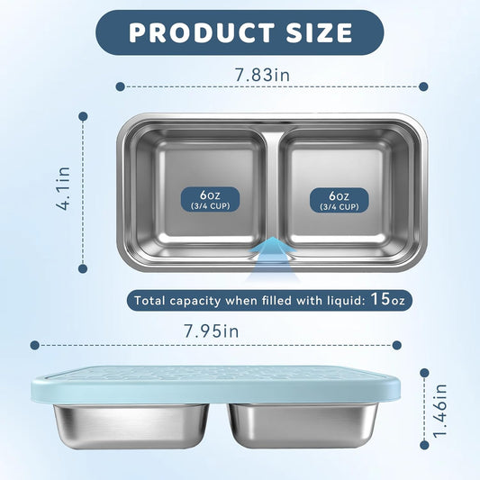 3 Pack 15 oz Stainless Steel Snack Containers for Kids, Reusable Metal Snack Containers with Silicone Lids, 2 Compartment Stackable Metal Toddler Lunch Box for Daycare, School and Outdoor
