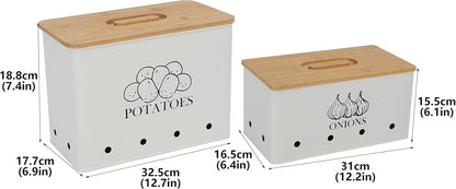 Potato and Onion Storage Bin Set of 2, Vented Metal Vegetable Storage with Wooden Lids, Farmhouse Kitchen Canisters for Countertop Pantry Organizer, Potato Bin Onion Holder for Produce Storage, Black