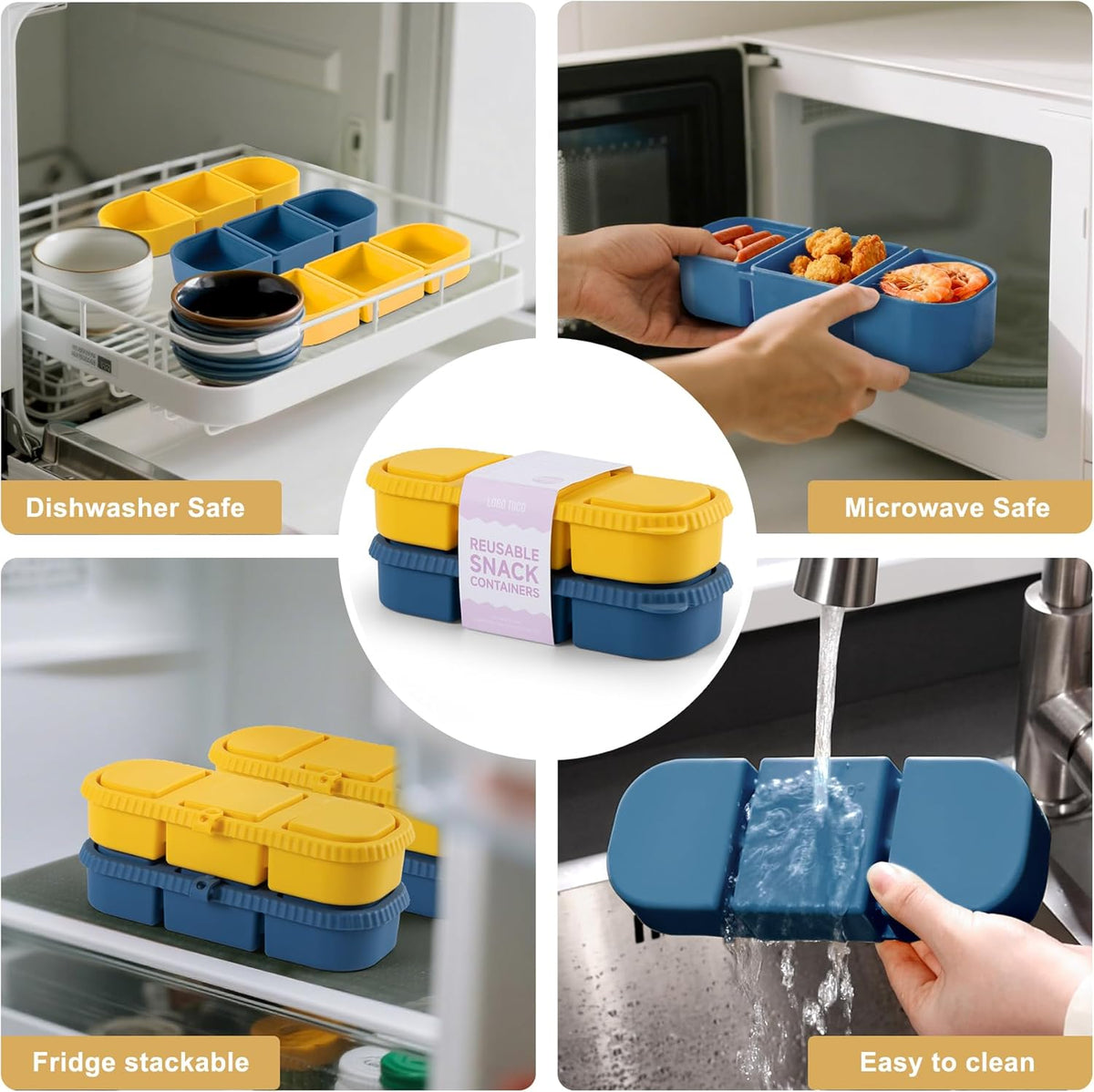 Silicone Reusable Snack Containers with Lids - 8 oz Double Compartment Snackle Box for Kids & Adults, BPA-Free & Leakproof, Small for Dressing, Snacks, School, Office, Picnic