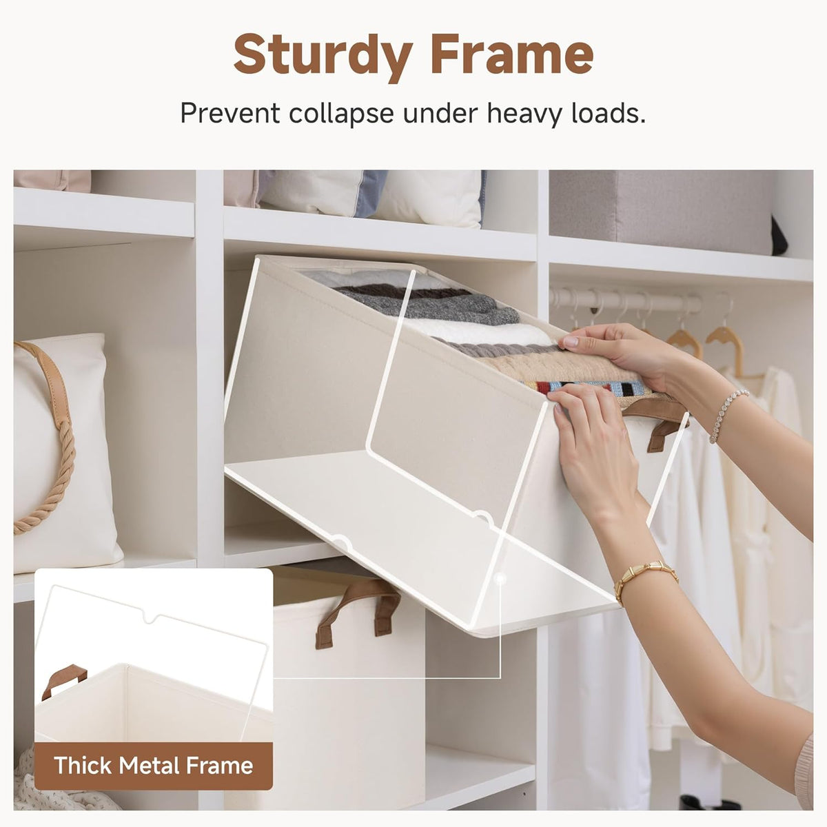 StorageWorks Storage Bins, Shelves Baskets for Organizing, Fabric Closet Organizers with Handles, Metal Frame, Beige-Cotton-linen, 2-Pack