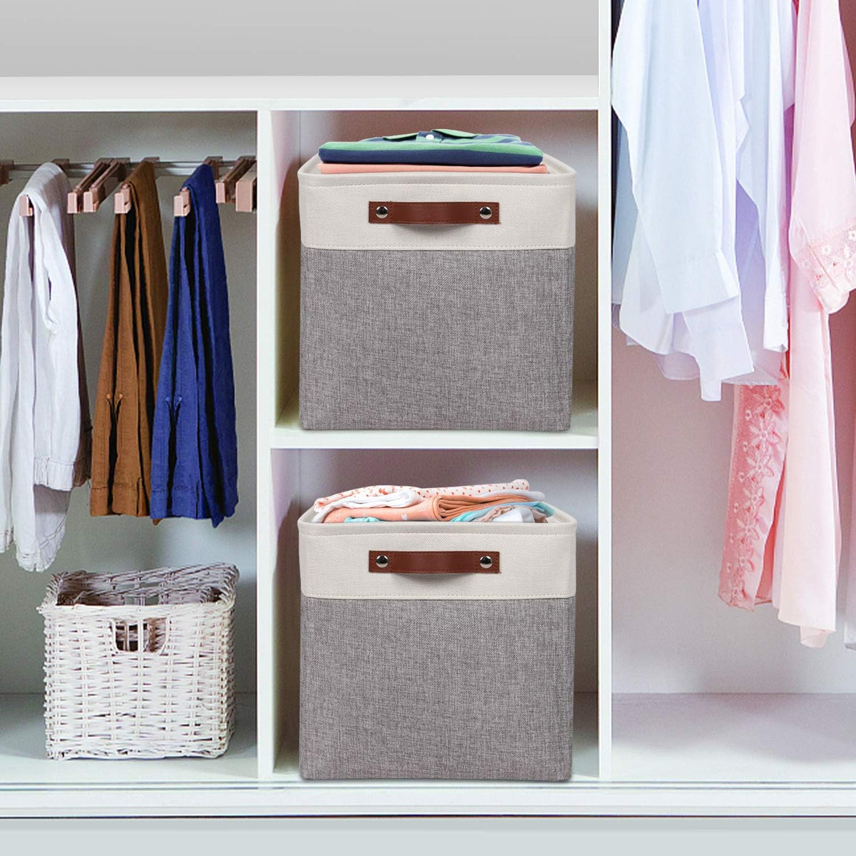 Univivi 4PC Small Fabric Storage Bins,15x6x5 inch Long Narrow Storage Baskets with PU Handles for Closet,Cabinet,Countertop Organizing Small Items (Gray,15x6x5 inch)