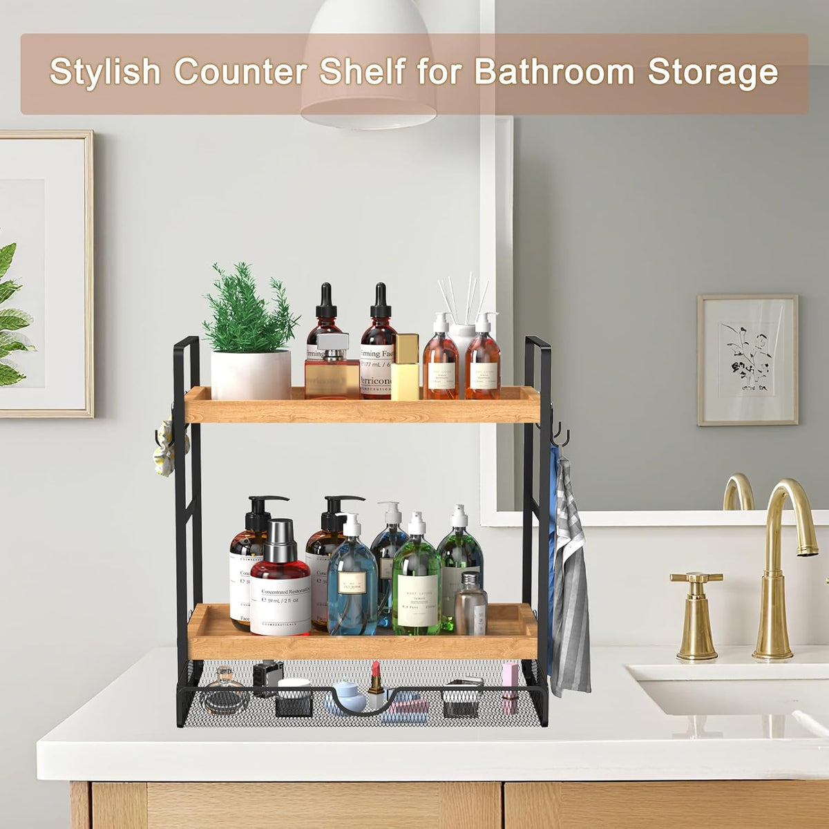 LEMIKKLE 2-Tier Coffee Bar Organizer With Basket,Wooden Counter Shelf for Coffee Bar Accessories,Kitchen Spice Rack Organizer for Countertop-Brown