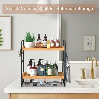 LEMIKKLE 2-Tier Coffee Bar Organizer With Basket,Wooden Counter Shelf for Coffee Bar Accessories,Kitchen Spice Rack Organizer for Countertop-Brown