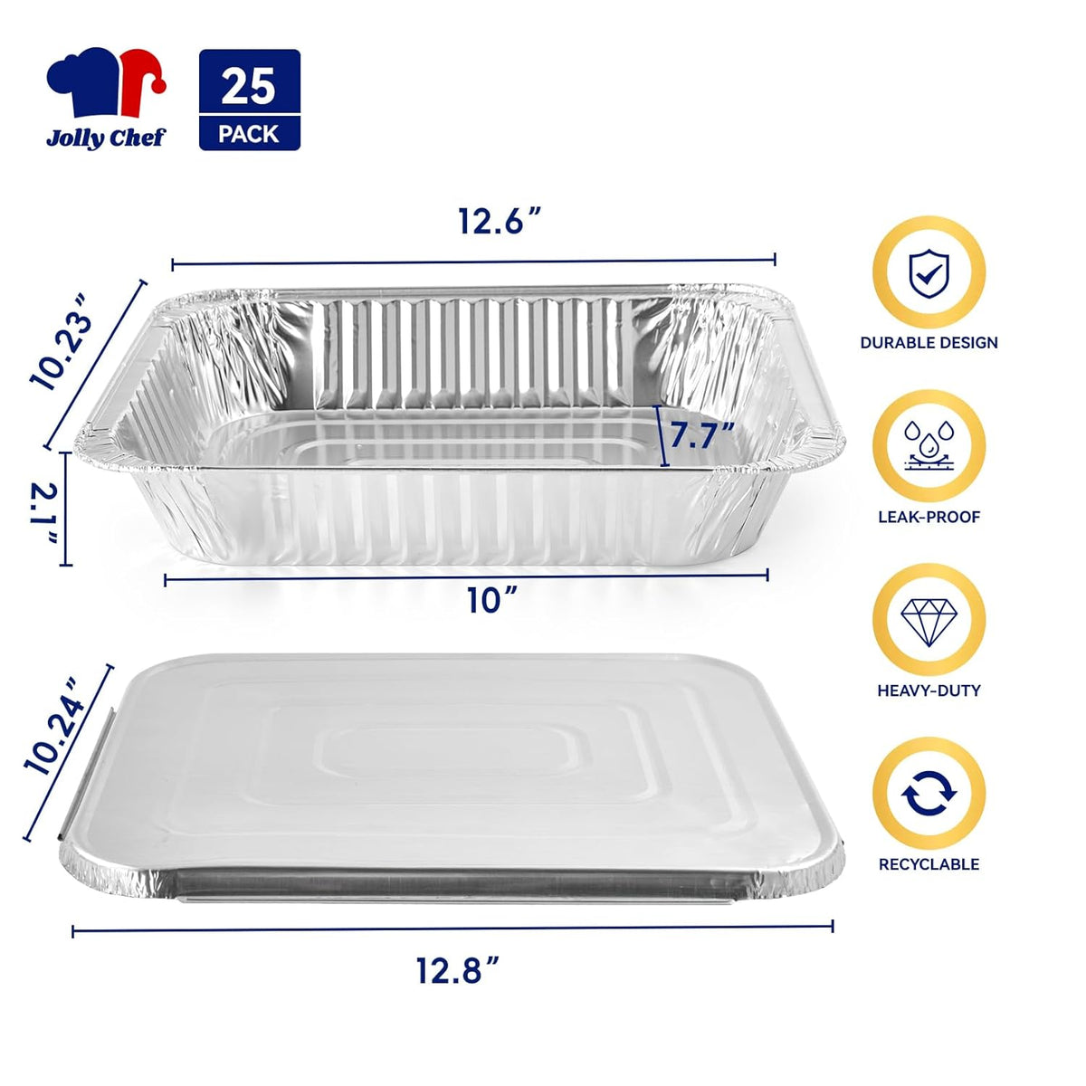 JOLLY CHEF 9x13 Aluminum Pans with Lids - Disposable Foil Food Containers with Lids for Cooking, Heating, Storing, Prepping Food- Thanksgiving, Christmas, Parties