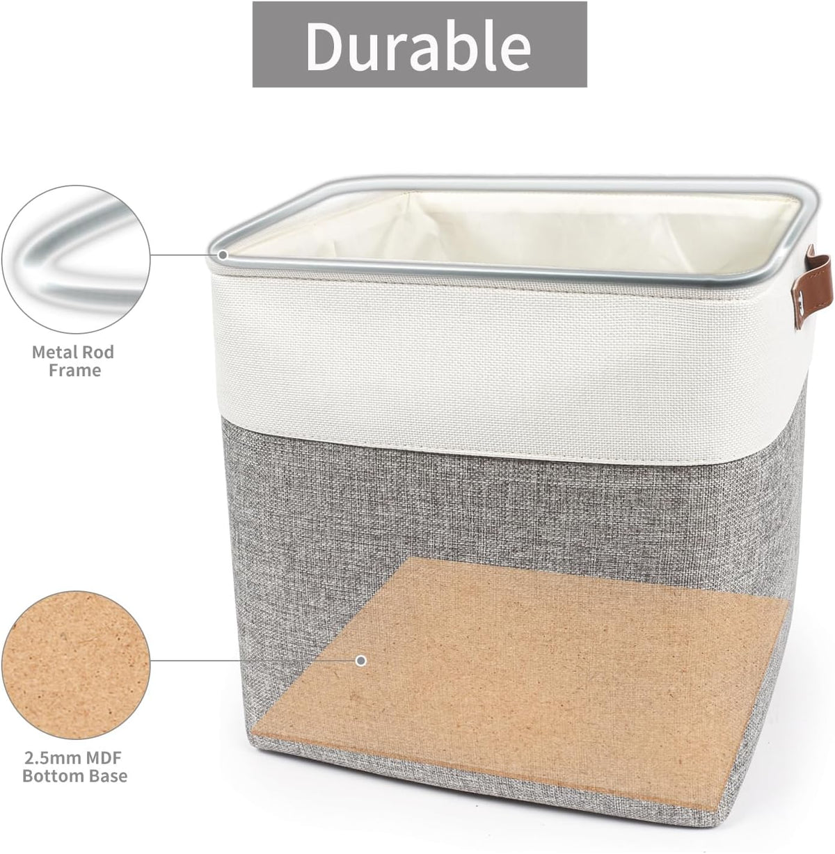 Bagnizer Large Fabric Storage Baskets | 50L Storage Bins, Decorative Linen Closet Baskets with Handles for Organizing, Shelf, Toys, Clothes, Home, Office, Nursery, 17x12x15Inches (Grey&White)