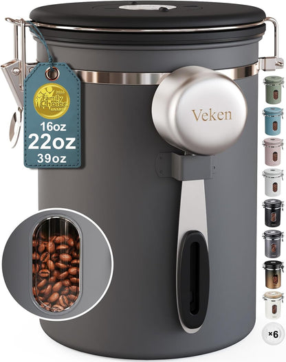 Veken Coffee Canister with Window, Family Choice Awards Winner, Airtight Stainless Steel Home Kitchen Food Storage Container with Lids for Grounds, Beans, Tea, Flour,Cereal,Sugar Jars,Scoop,16OZ,Black