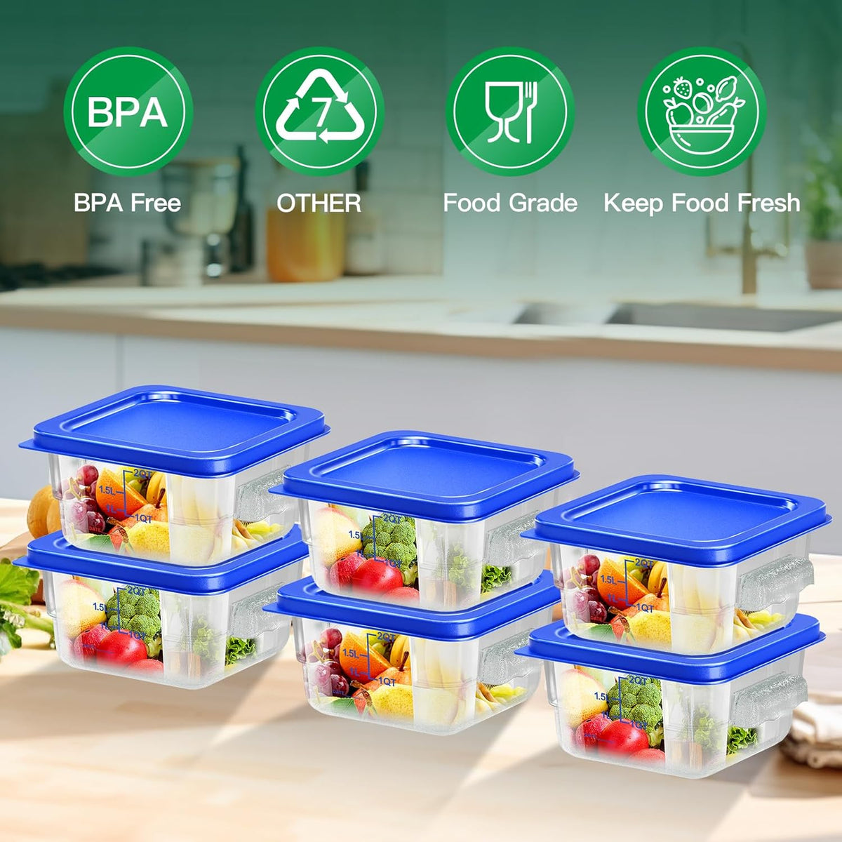 4 pcs 4qt Food Storage Containers with Lid, Square Clear Commercial Food Storage Containers with Handle and Scale for Food Storage in Home Kitchen & Dining (Green)