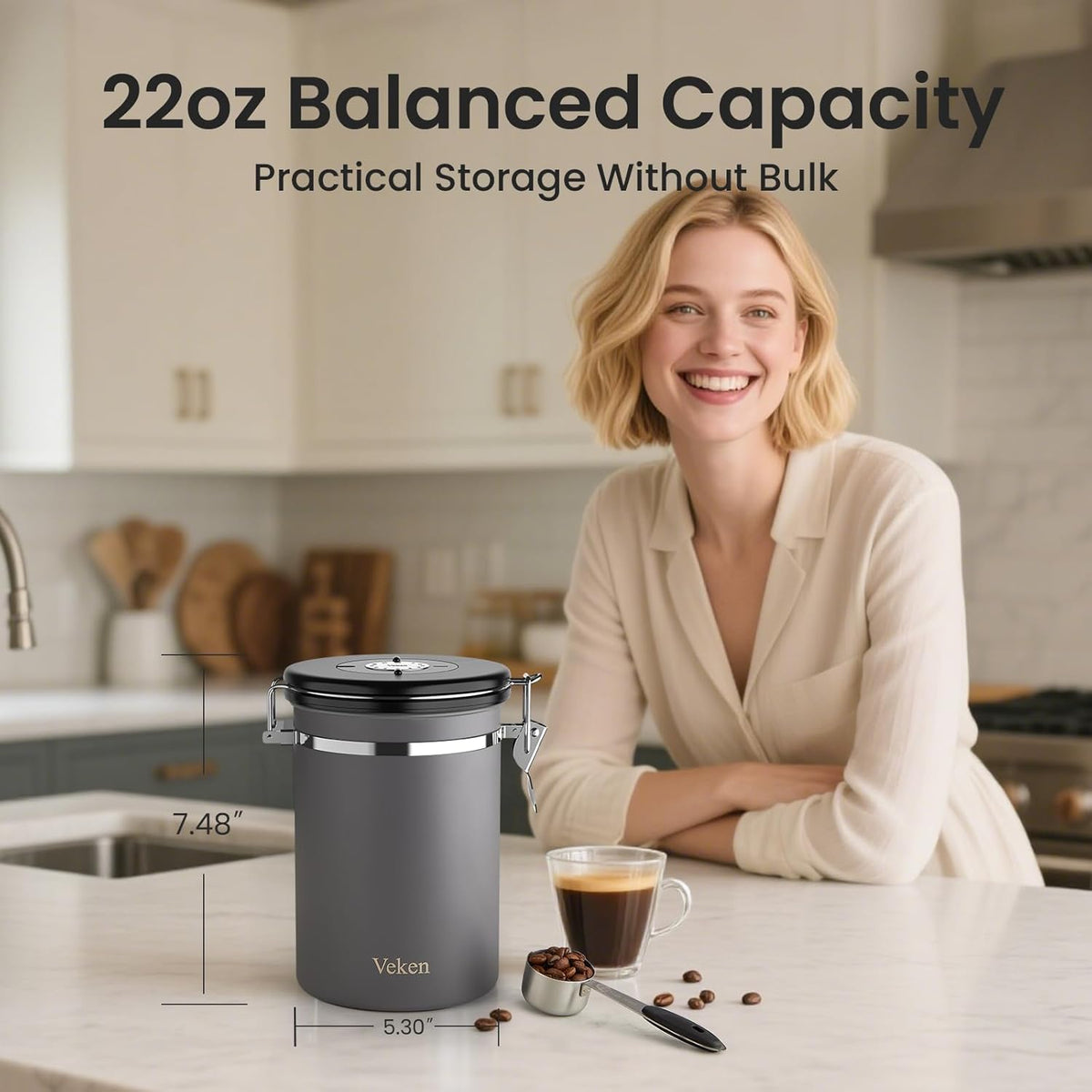 Veken Coffee Canister, 39OZ Large, Mothers Day Gifts For Women, Airtight Stainless Steel Food Storage Container for 2.2lbs Coffee Beans, Ground, Sugar, Tea, Flour, Cereal,Kitchen Bar Accessories,Cream
