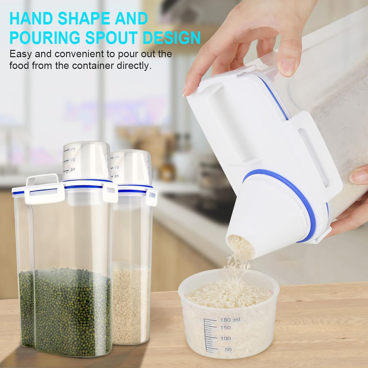 Uppetly Rice Airtight Dry Food Storage Containers, BPA Free Plastic Storage Bin Dispenser with Pourable Spout, Measuring cup for Cereal, Flour and Baking Supplies, Include a Stainless Steel Whisk