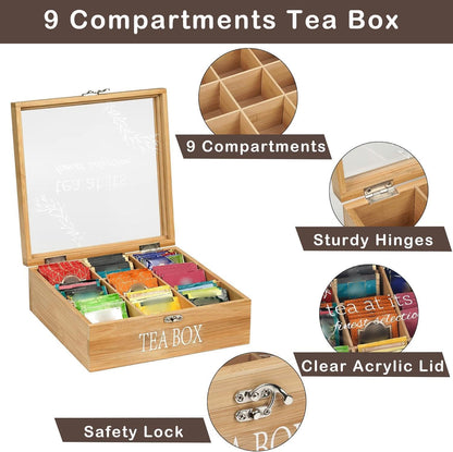 Tea Box Organizer,Wood Tea Bag Holder Organizer,Modern Teas Bag Storage with 9 Compartments and Glass Cover for Home Office Gift