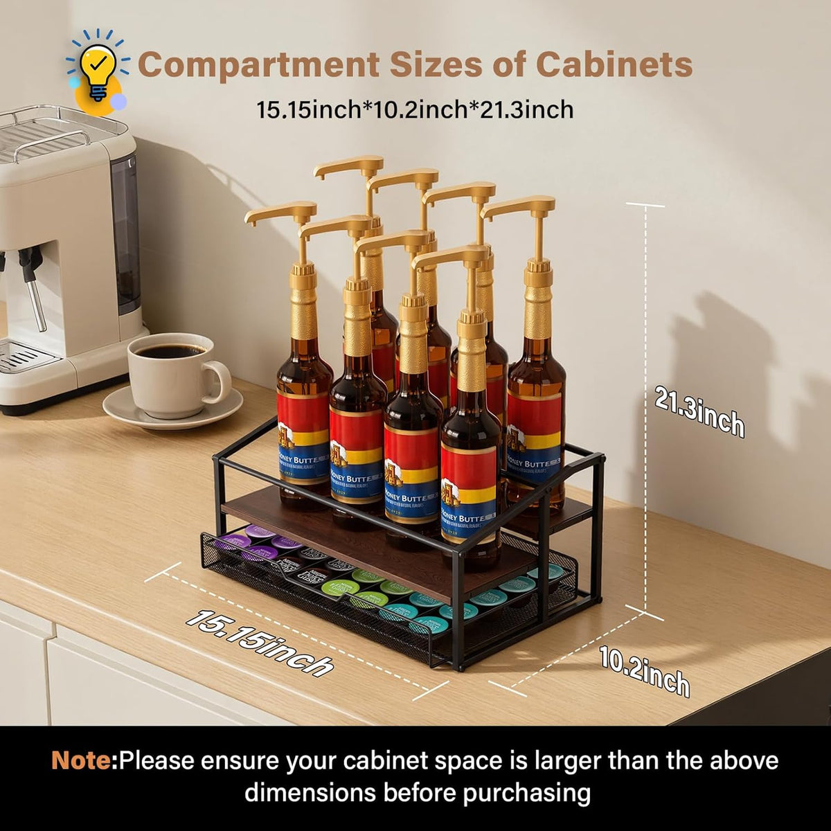 kimilus Coffee Syrup Rack Organizer, 4-Tier 12 Bottle Syrup Rack with 35 K Cup Drawer for Coffee Bar, Countertop Bottle Holder Stand for Dressing for Kitchen Cafe Station