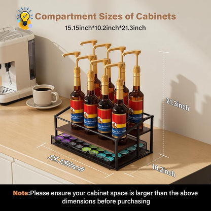 kimilus Coffee Syrup Rack Organizer, 4-Tier 12 Bottle Syrup Rack with 35 K Cup Drawer for Coffee Bar, Countertop Bottle Holder Stand for Dressing for Kitchen Cafe Station
