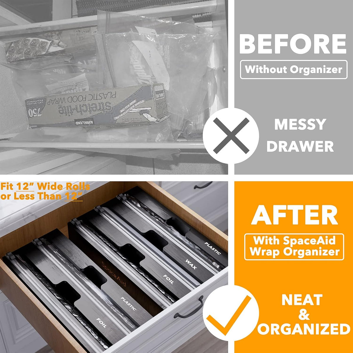 SpaceAid WrapNeat 2 in 1 Wrap Organizer with Cutter and Labels, Plastic Wrap, Aluminum Foil and Wax Bamboo Dispenser for Kitchen Storage Organization Holder for 12" Roll (Natural)
