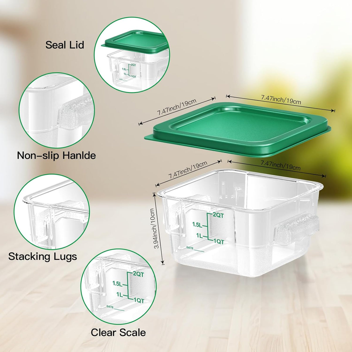 4 pcs 4qt Food Storage Containers with Lid, Square Clear Commercial Food Storage Containers with Handle and Scale for Food Storage in Home Kitchen & Dining (Green)